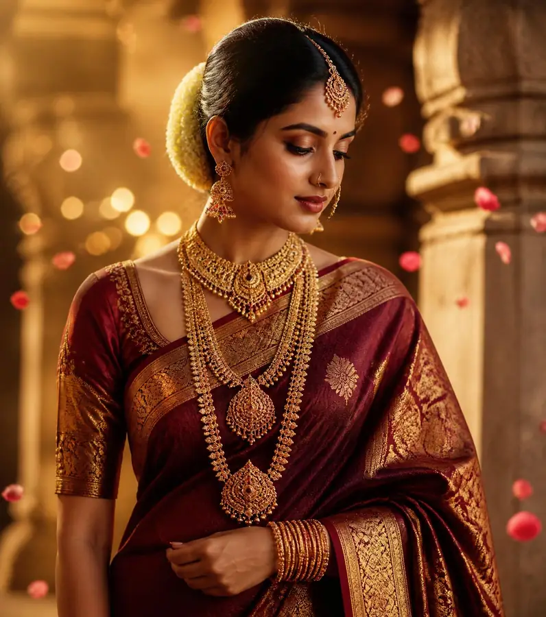 Telugu bride in maroon silk saree with 1gm gold jewellery